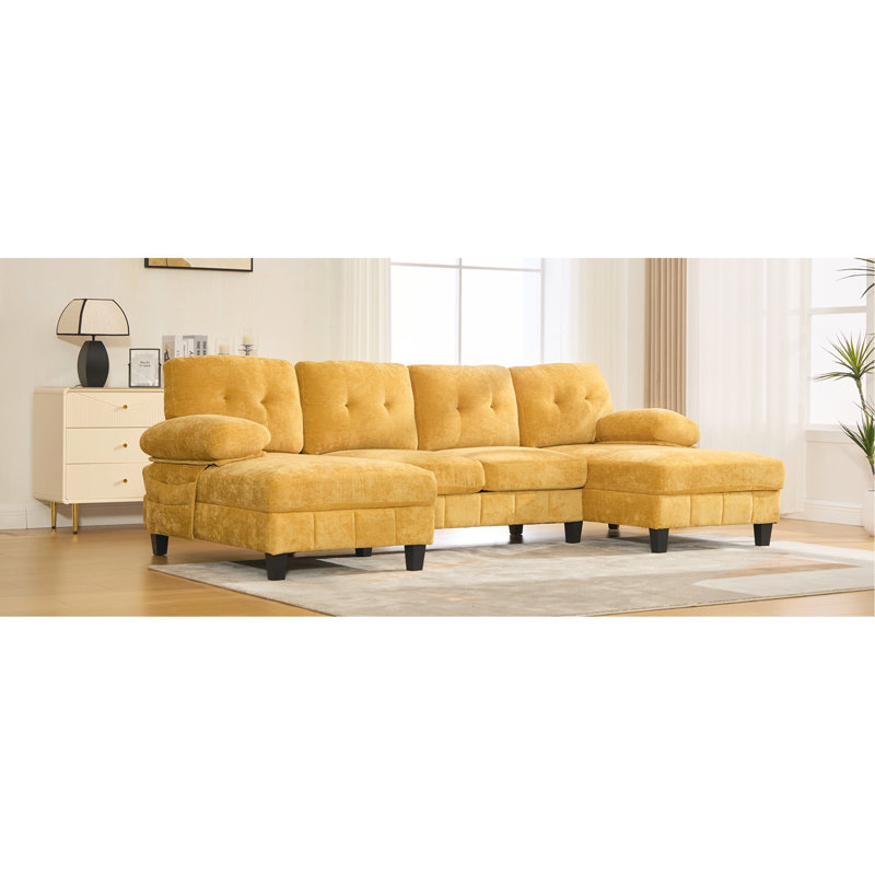 Canapé modulaire en U en chenille de 103,5 po avec double méridienne, poches de rangement et coussins d'accoudoirs pour le salon, jaune