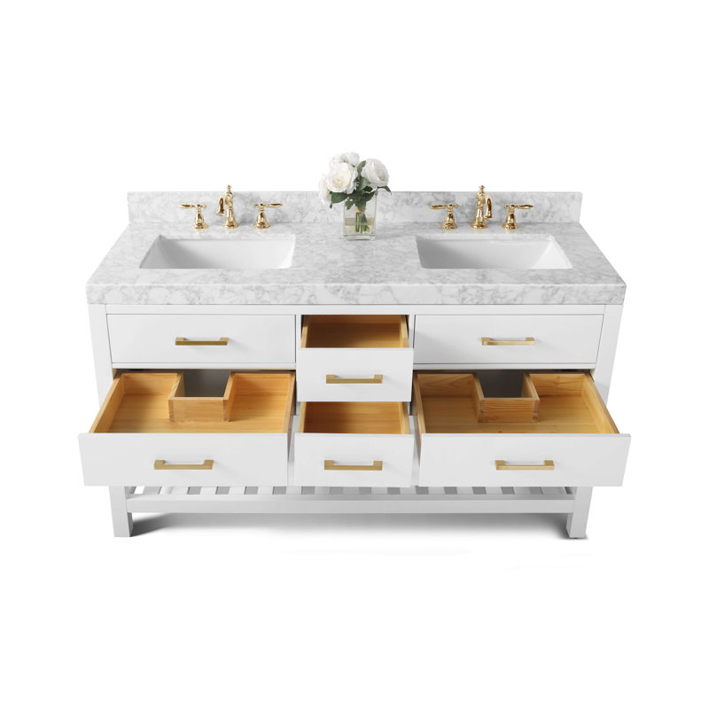 Elizabeth 60'' W Double Vanity, Carrara White, Gold, Heritage Blue