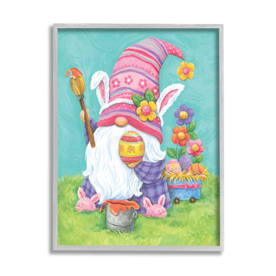 Gnome fantaisiste, peinture, œufs de Pâques, fleurs festives, giclée noire, art texturé par Diane Kater