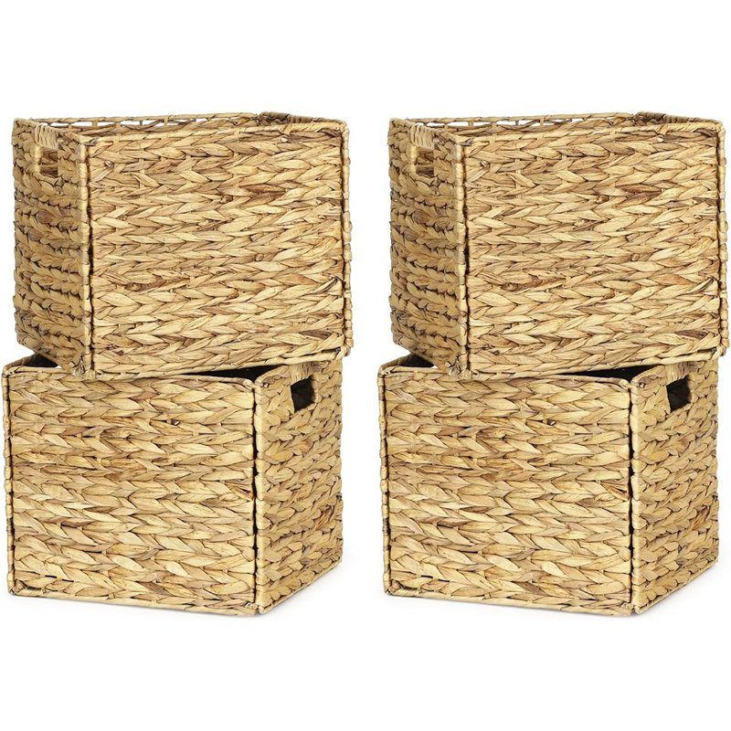 Ensemble de 4 paniers de rangement rectangulaires en osier tissé à la main, bacs pliables en jacinthe d'eau avec poignées intégrées pour les tablettes, la maison ou l'organisation extérieure