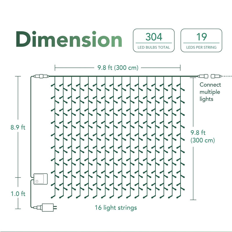304 LED Curtain Plug in String Lights, 8 Modes with Remote Contro, Cool White