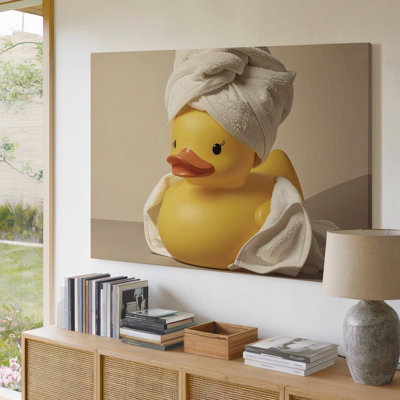 A Rubber Duck Sitting On A Surface Wrapped In A Towel Around Its Head Resembling A Cute Canvas Wall Art Premium Quality Ready To Hang