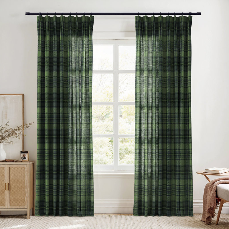 TWOPAGES Unlined Plaid Curtain Gingham Faux Linen Pinch Pleat Curtain, 26" W x 90" L, Evergreen