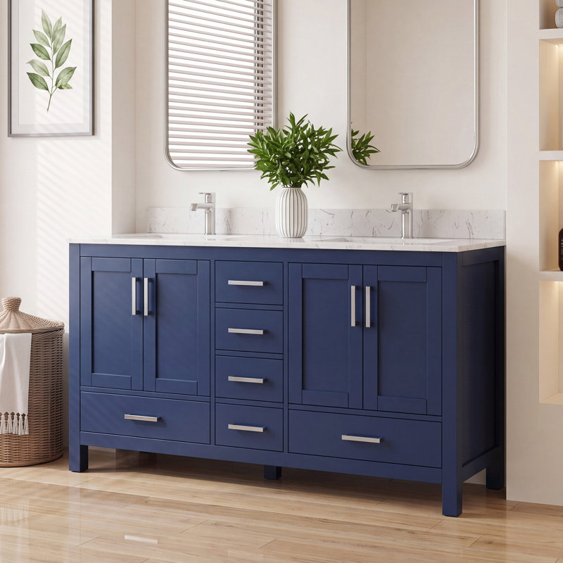 Meuble-lavabo de 60 po de qualité supérieure avec lavabo double et trou pour robinet 60 po, Bleu, Nickel brossé
