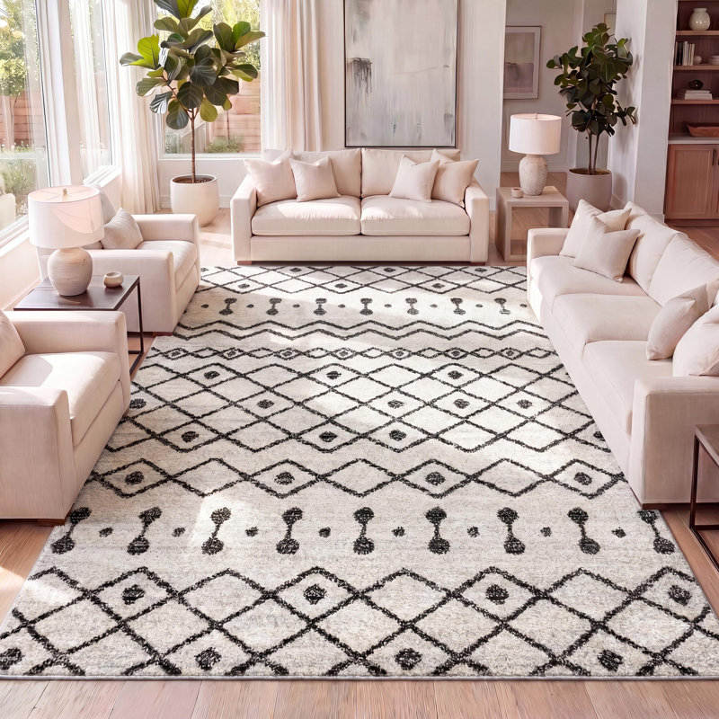 Bousquet Moroccan Beni Souk Cream/Black Rug, Rectangle 3' x 5'
