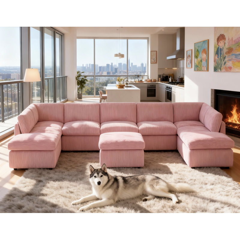 Arfsten Anagel 160'' Wide Symmetrical Modular Corner Sectional with Ottoman, Pink Corduroy