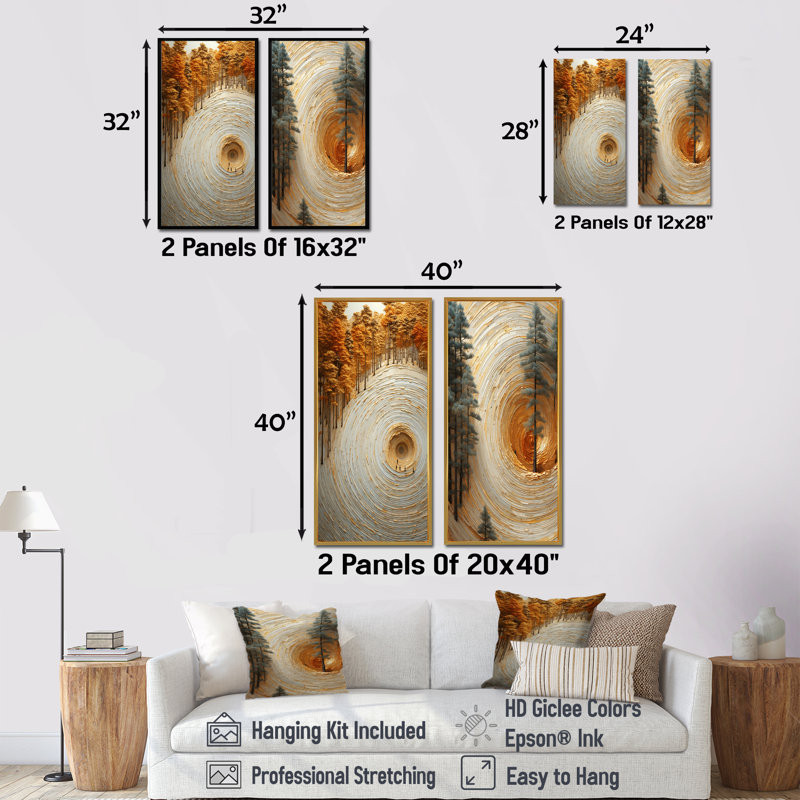 «Abstract Pine Tree Spiral Serenity I», ensemble de 2 reproductions d'art sur toile, H 40 po x l 41 po, Cadre flottant brun
