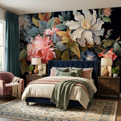 Navy Dark Botanical Floral Wallpaper, Luxury Oversized Flower Wall Mural, Elegant Classic Garden Pattern Statement Wall Decor For Living Room Bedroom Dining Room