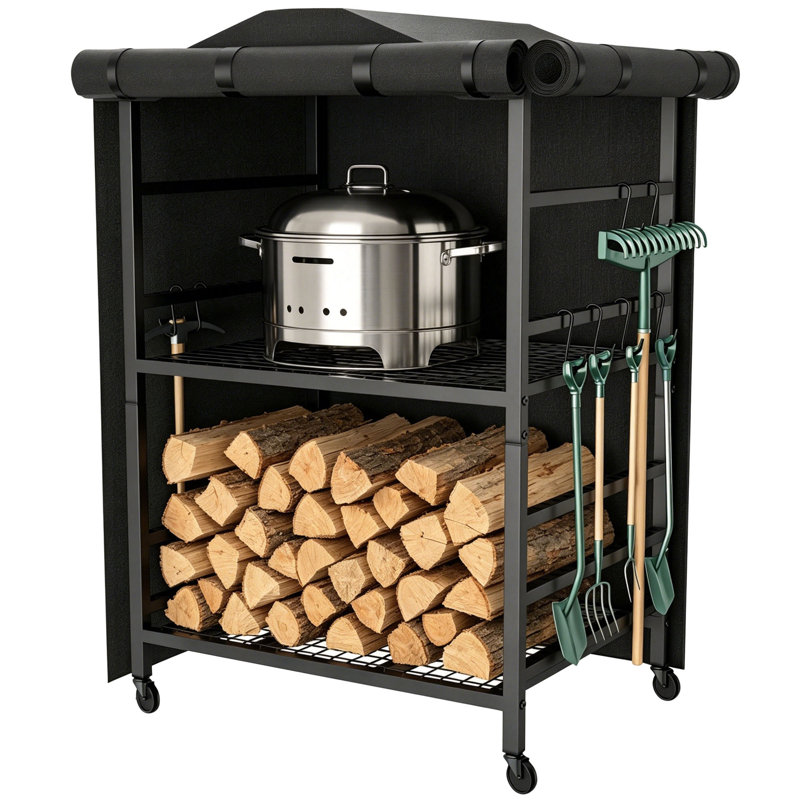 4.5ft Heavy-Duty Firewood Storage Station for Premium Stove Yukon/Bonfire/Ranger - Adjustable Log Rack with PVC Waterproof Cover, 34.8"W Mobile Cabinet & Tool Hooks