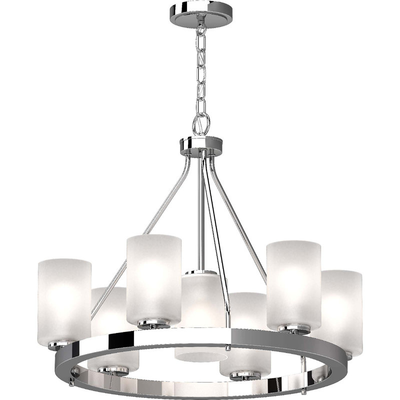 Lustre en chrome à 7 lumières avec abat-jour cylindrique en verre givré Emery