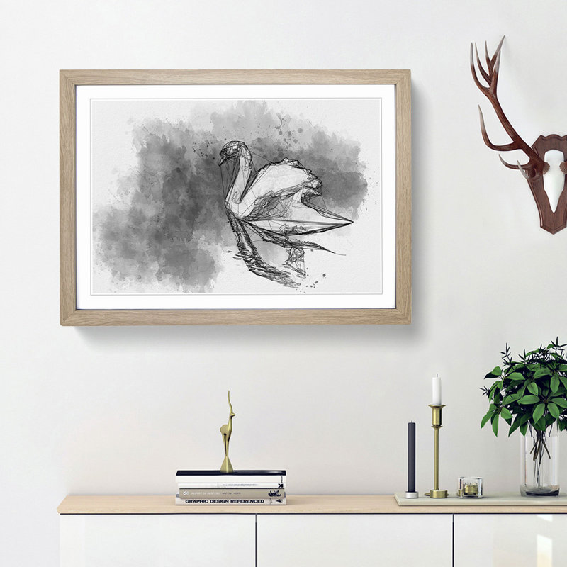 Swan in Abstract - Framed Print, 62cm H x 87cm W x 2cm D, Oak Framed