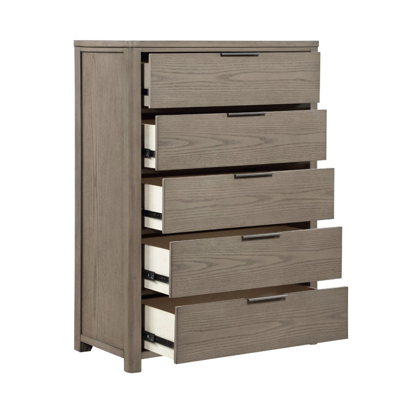 Commode haute Delv, 5 tiroirs, poignées chromées, chêne gris clair