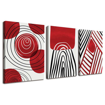"Boho" rouge et abstrait, art mural noir et blanc 3 pièces