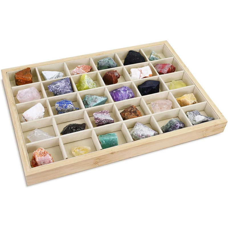 Ensemble de 2 présentoirs à bijoux en bambou avec 30 compartiments pour bagues, boucles d'oreilles, bijoux, accessoires et objets de collection
