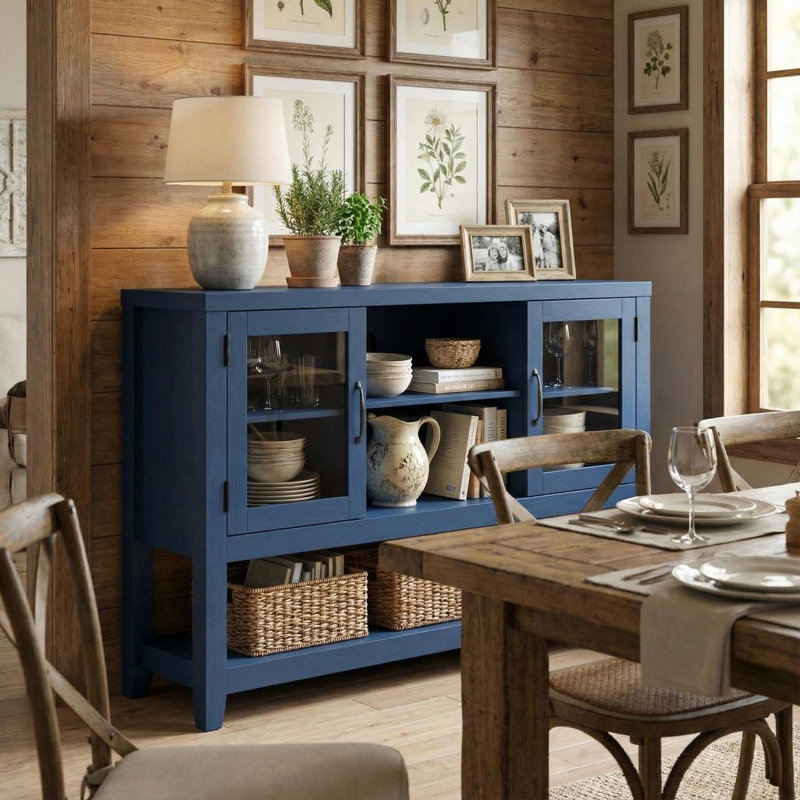 Buffet de cuisine 53 "- table basse avec 2 portes en verre et 3 tablettes, armoire de rangement moderne pour le salon, l'entrée, la salle à manger, bleu