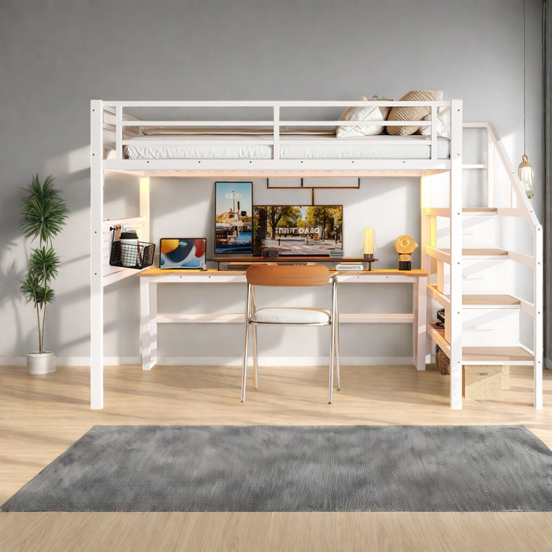 Lits avec rangement, lit mezzanine en panneau de fibres à densité moyenne et métal, économie d'espace moderne