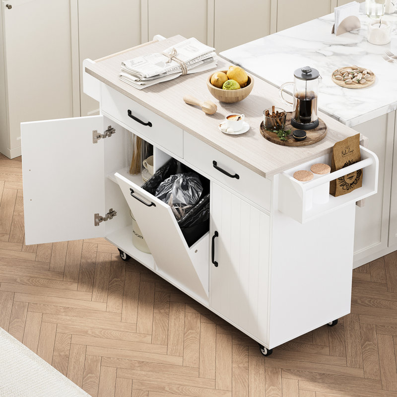 Multipurpose Kitchen Island With Trash Can, Drop Leaf Countertop, Spice Rack, Towel Stationary Shelf, White Adjustable Leaf, Can Holder, Bar,