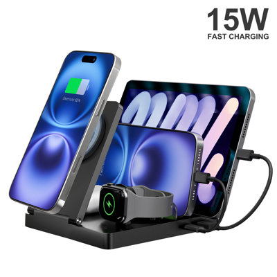 15W Fast Charging Station, 5 in 1 Magnetic Travel Wireless Charger Multiple Devices for Apple - iPhone 18 17 16e 16 15 14 Pro Max 13 12 11 - Watch 10 9 8 7 6 5 4 3 2 SE and Ultra Series - Airpods 4 3 Pro iPad