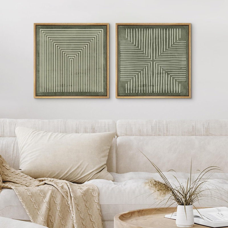 Geometric Abstract Line Minimalist - Framed Canvas Master Bedroom Wall Art Work 2 Pieces Print, Green, 24" H x 24" W x 1.5" D