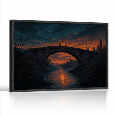 «Glow Pumpkin on Stone Arch Bridge at Dusk Halloween», art mural sur toile