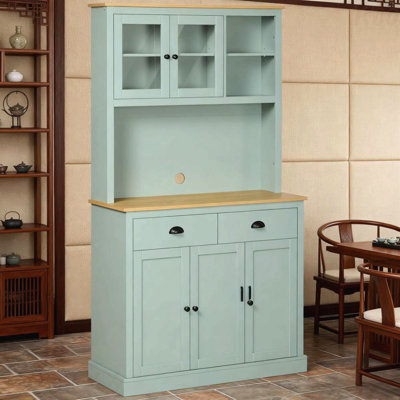 Light Blue Pantry Storage Cabinet - Freestanding Kitchen Buffet with Hutch, Drawers, Glass Doors, Adjustable Shelves