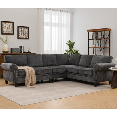 109.5" Modular Sectional Sofa, Rivets Decorated & Rolled Armrest, L Shaped Couch For Living Room, Corner Couch, Chenille, 6 Seater, 7 Back Cushion, Dark Gary