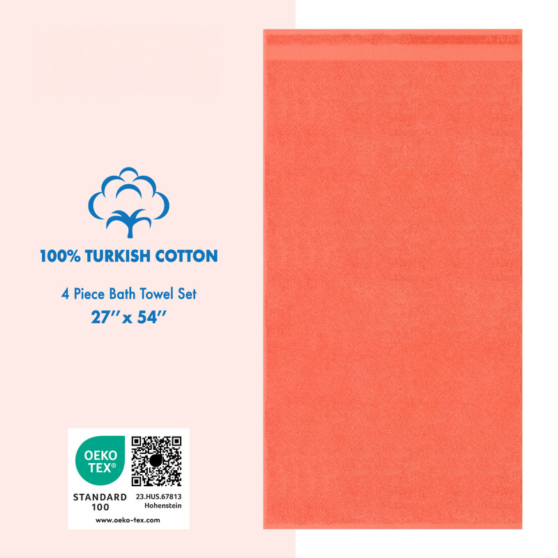 100% Cotton Turkish  4 Piece Bath Towel Set, Soft and Absorbent Bathroom Towels, Coral