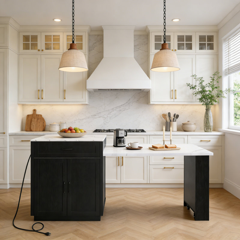 Îlot de cuisine 82,7 po avec table de salle à manger extensible pour 4 à 6 personnes, îlot de cuisine roulant avec tiroirs de rangement, armoire et prise de courant, deux tons
