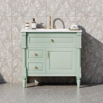 36 lavabos de salle de bain autoportants verts avec lavabo en céramique, tiroir rabattable, tablette réglable, structure en bois d'hévéa et panneaux de fibres à densité moyenne, poignées en métal
