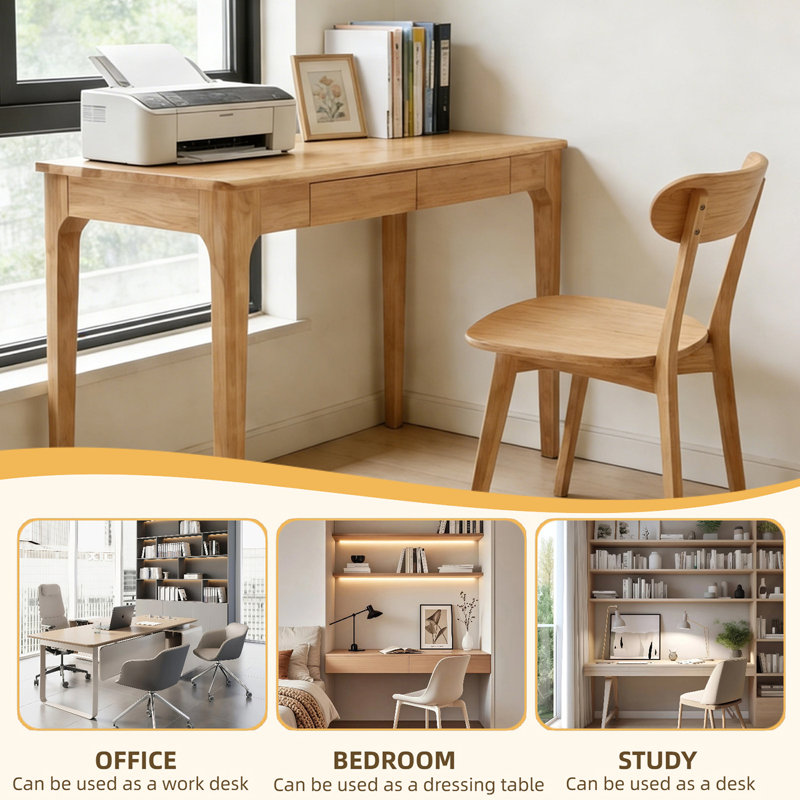Bureau moderne du milieu du siècle en bois massif avec tiroirs et bords lisses – Bureau gain de place idéal pour le bureau, la chambre à coucher, le salon ou le bureau