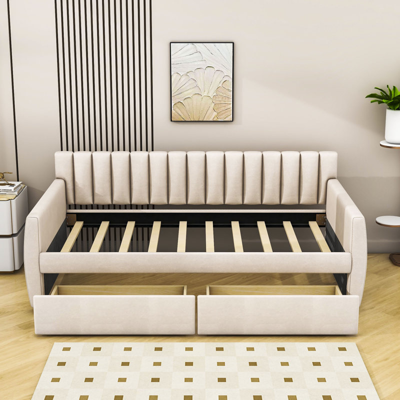 Twin Size 2 Drawers Upholstered Daybed, Beige