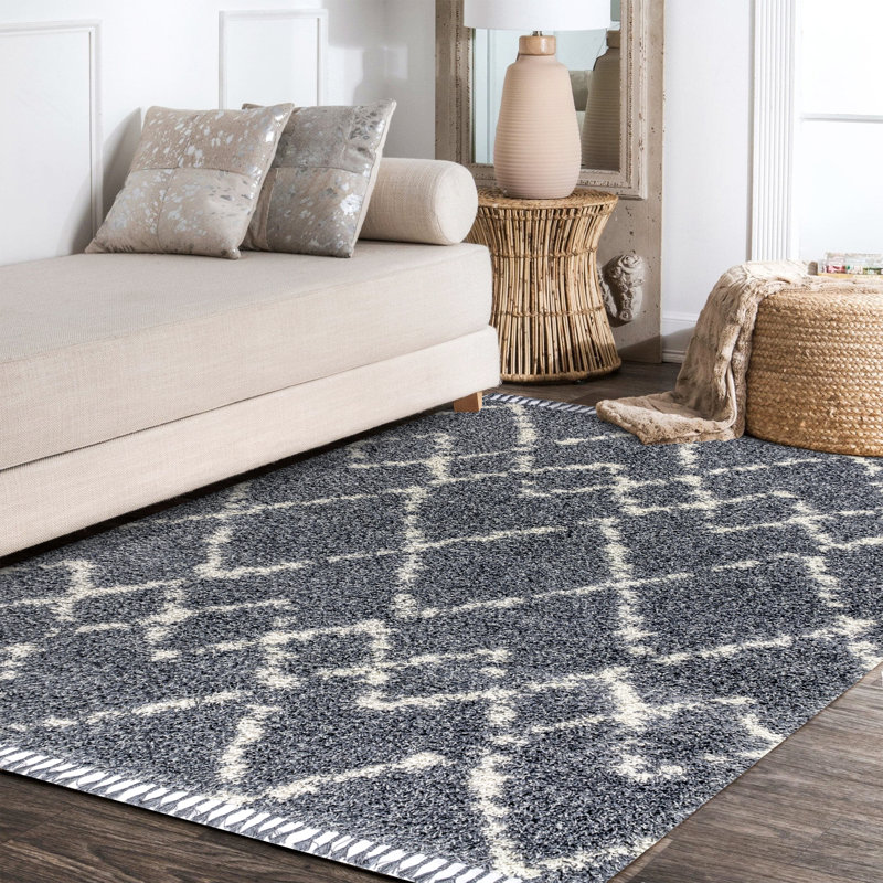 Cantera Shag Plush Tassel Moroccan Tribal Geometric Trellis Blue/Cream Rug, Rectangle 5'3" x 7'6"