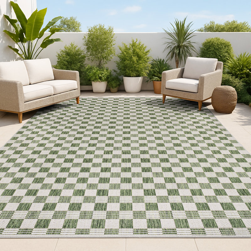 Aimee Traditional Cottage Checkerboard Green/Cream Indoor/Outdoor Rug, Rectangle 2'11" x 4'11"