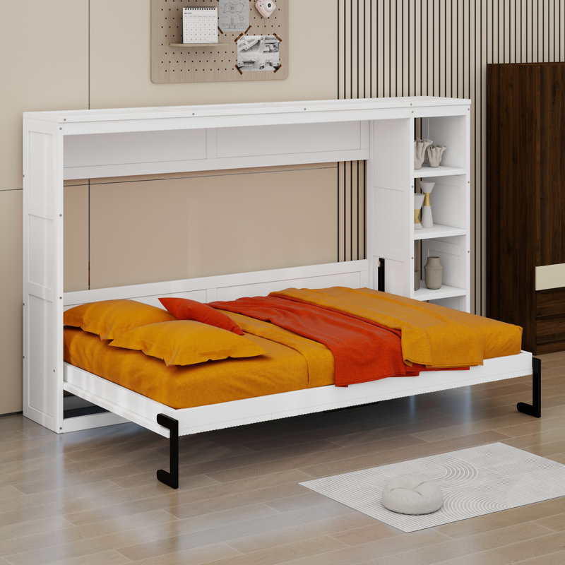 Lit armoire en bois avec bibliothèque, Lit double, Blanc