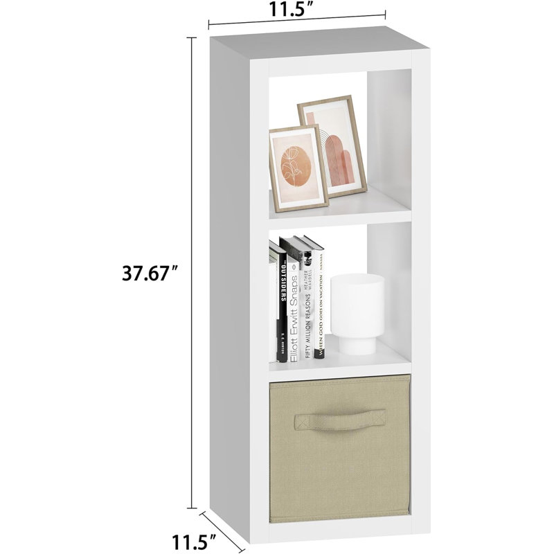  3 Cube Storage Organizer Shelf with Bins, White 3 Tier Bookcase with Fabric Storage Bins, Morden Bookshelf for Bedroom, Living Room, Closet, Office, 11.5" D x 11.5" W x 37.67" H