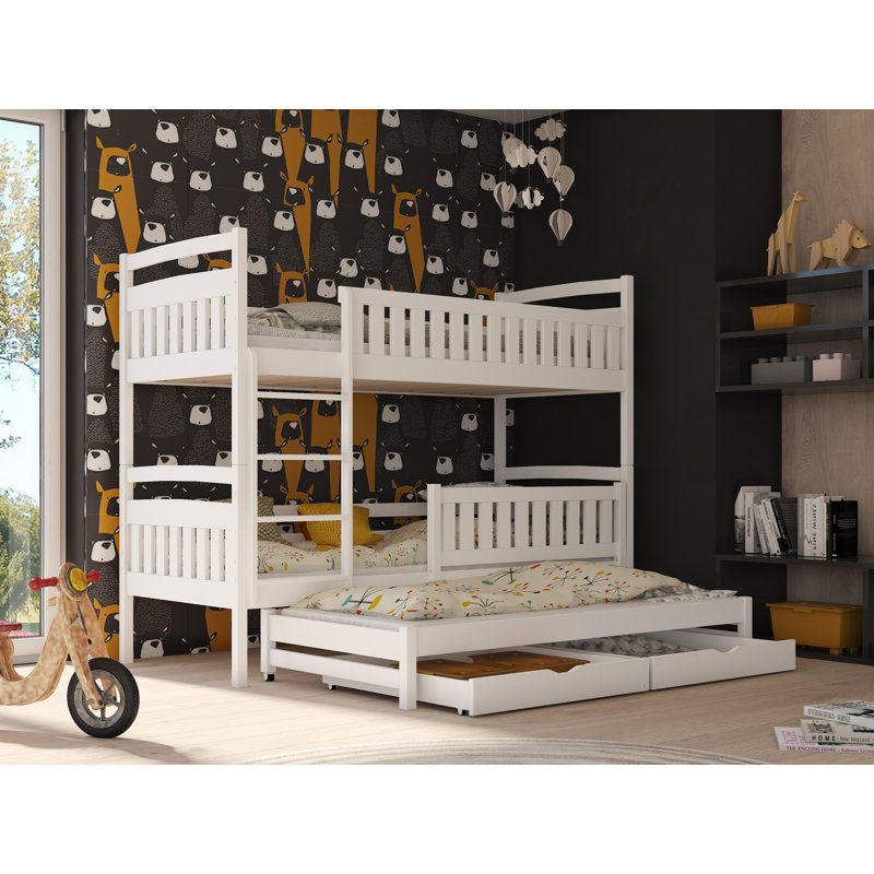 Azaiah Bunk Bed with Storage Included with Built-in Ladder Included with Trundle Included, White, Ladder on the Left