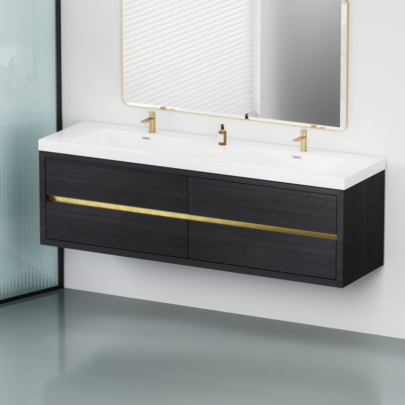 Meuble-lavabo mural de 72 pouces avec comptoir en pierre reconstituée et 2 lavabos, armoire en bois expresso, 4 tiroirs