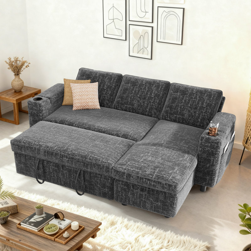 81'' Pull Out Sofa, Sleeper Sofa Couch With Storage Chaise, Chenille Sofa Bed With Pull Out Bed, Convertible Sleeper Sofas For Living Room, Small Spaces