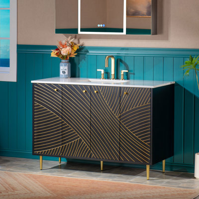 Eden 48" Modern Bathroom Vanity with White Engineered Stone Top & Undermount Sink – Hand-Painted Black & Gold Accents, Slim Frame Design, and Sleek Space-Saving Frame
