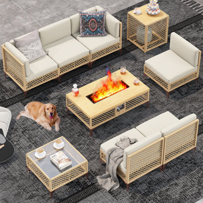 7-Person Outdoor Wicker Patio Hollow Rattan Furniture Set with Firetable