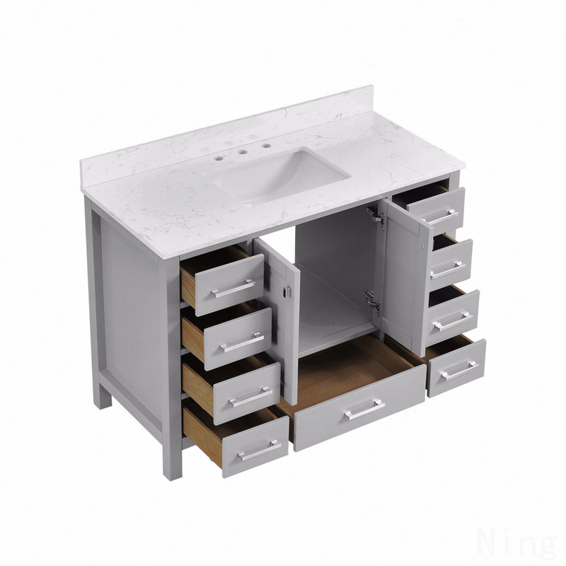 Meuble-lavabo autoportant avec comptoir, armoire de rangement en bois massif, Gris, 48"