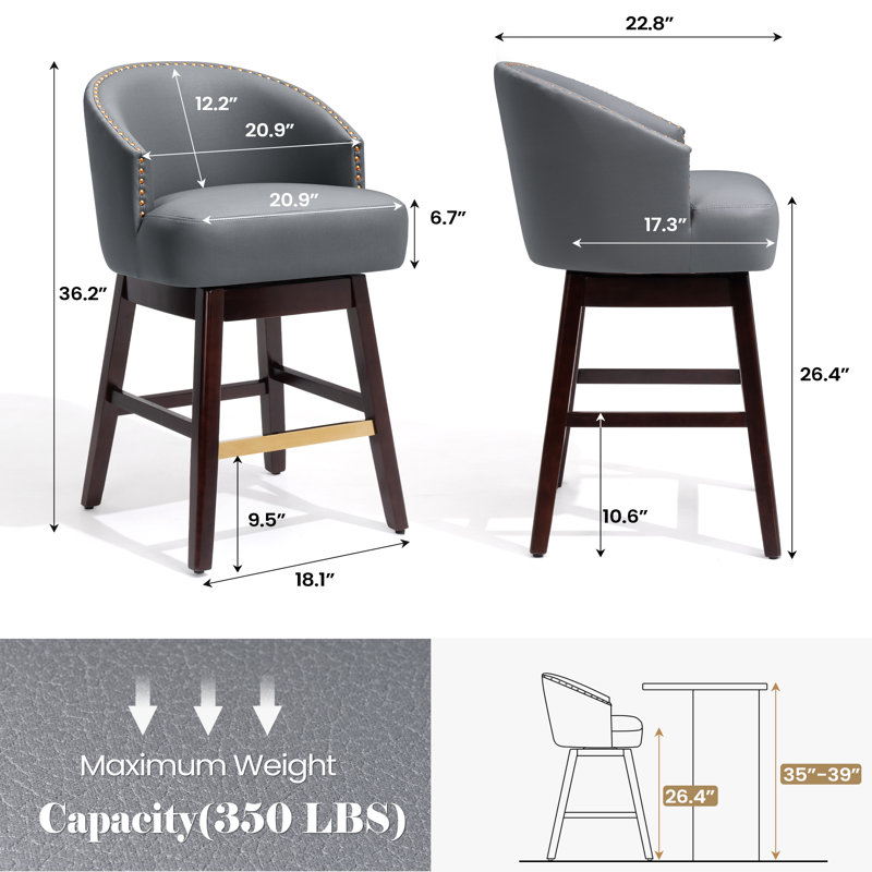 Swivel 26.4'' Faux Leather Counter Stool with Solid Wood Legs, Blue Gray, Counter Stool (26.5" Seat Height)