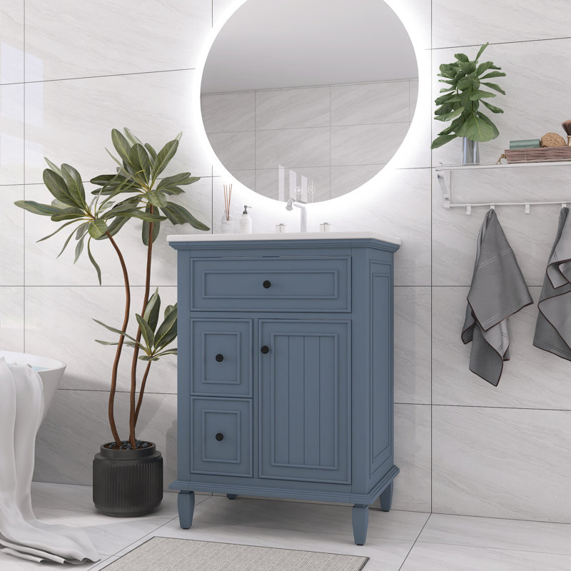 Ensemble de meuble-lavabo en bois massif et en bois massif avec 3 tiroirs et une tablette réglable, Bleu gris