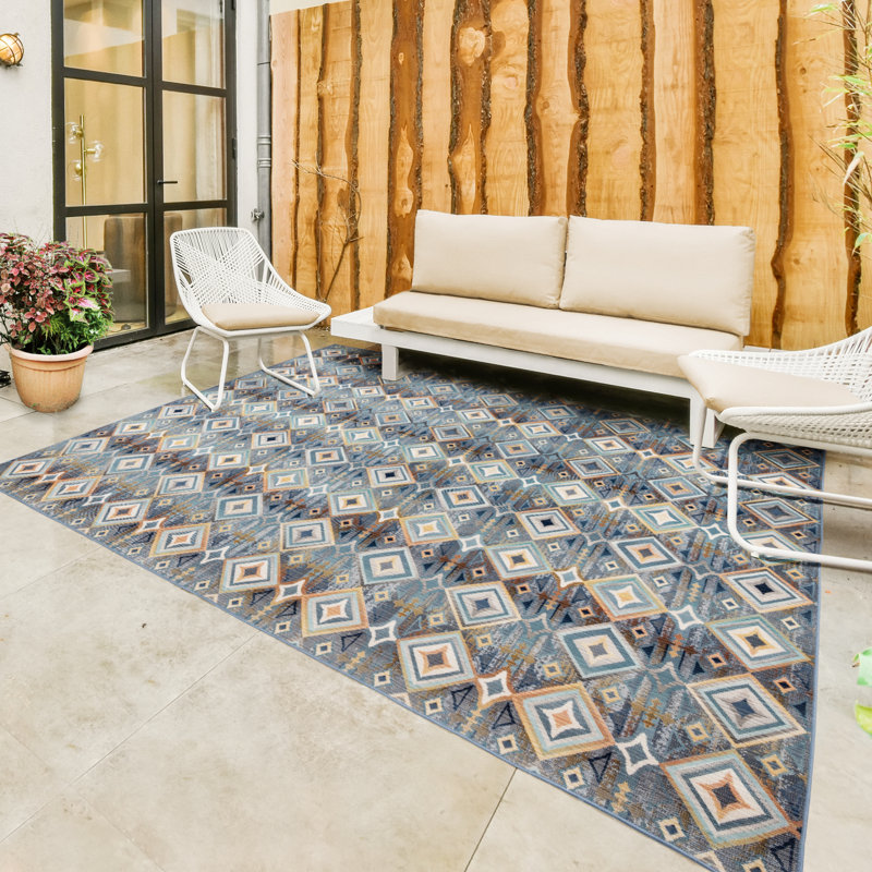  Sierra Kenna Blue Bohemian Geometric Diamond Indoor/ Outdoor Area Rug, Rectangle 8'9" x 13'1"