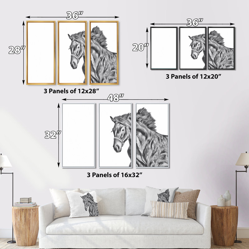 Portrait d'un cheval - ensemble d'art mural sur toile traditionnel encadré de 3, L 36 po x H 28 po x P 1 po, Blanc