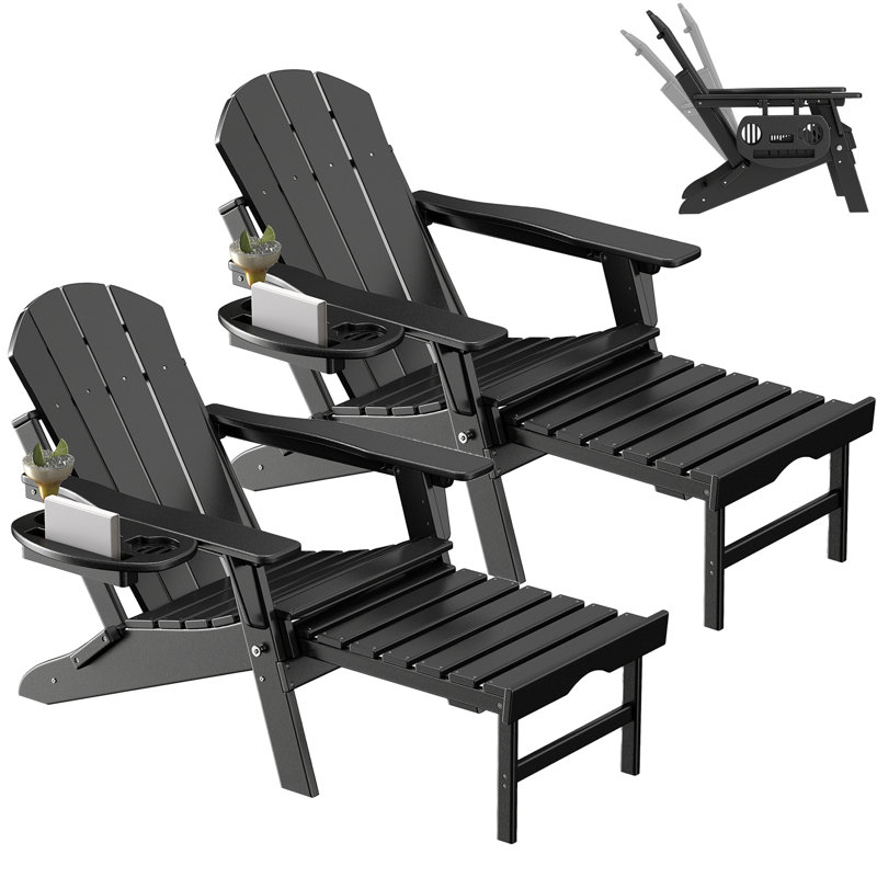 HDPE Folding And Adjustable Adirondack Chair With Ottoman, Black