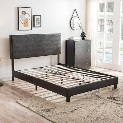 Upholstered Queen Bed Frame With Foldable Headboard - Black Pu, Wood Slat Support, Simple To Assemble, No Box Spring, Fits 8-inch+ Mattresses, 500 Lbs Weight Restriction Modern In Pu Fabric, Easy