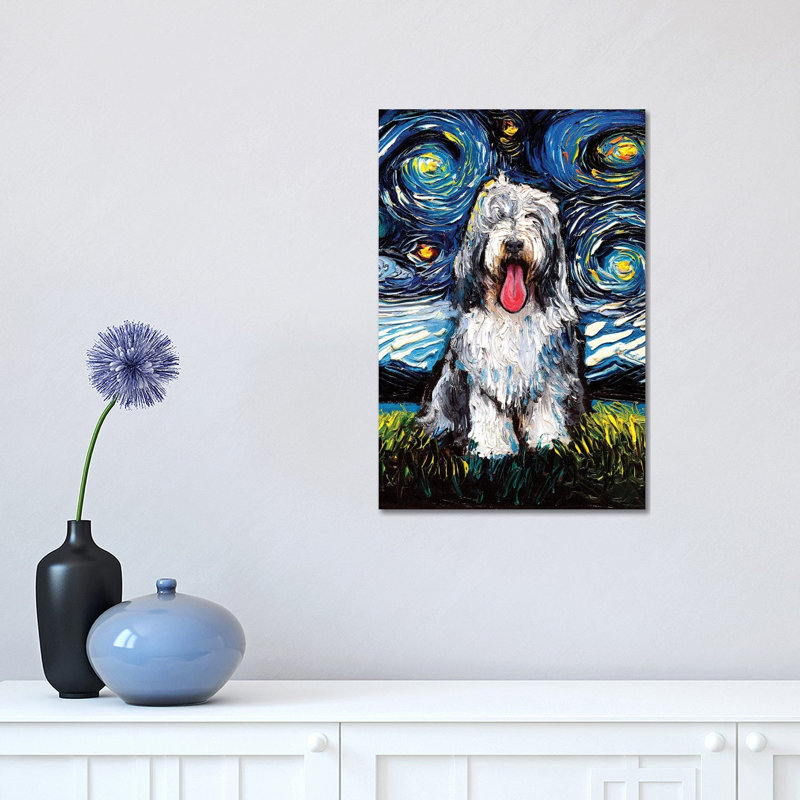 Bearied Collie Night par Aja Treves - reproduction, H 18 po x l 12 po x 1,5 po