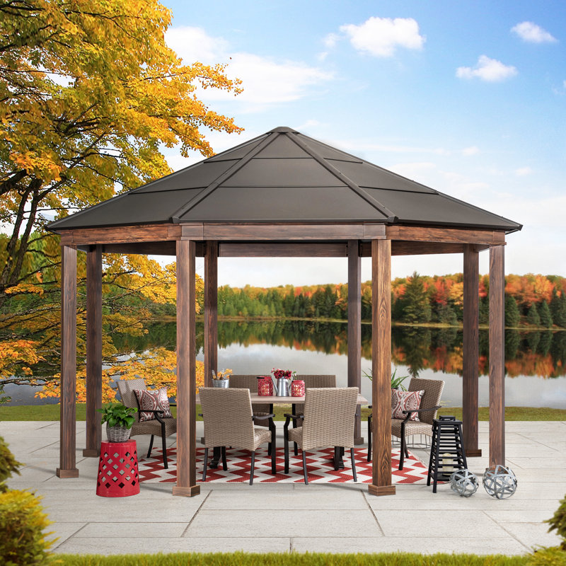 Sunjoy 15 x 15 ft. Octagon Hardtop Gazebo Black Aluminum Roof Gazebo with Metal Ceiling Hook