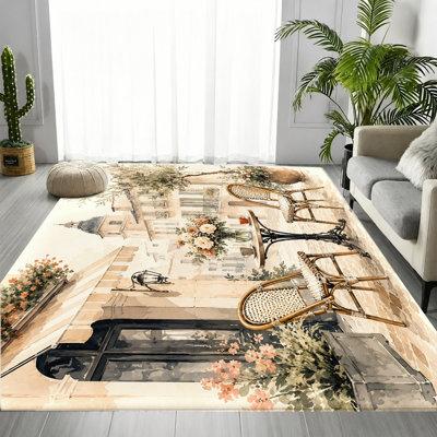 Watercolor Parisian Cafe Street View Area Rug, European City Landscape Pattern, Machine Washable Non-Slip Floor Carpet, Vibrant Artistic Indoor Home Decor for Living Room, Bedroom, Entryway, Kitchen, Balcony, Apartment